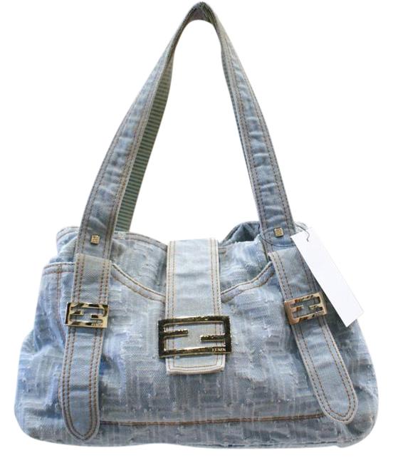 Fendi Distressed Zucca Blue Denim Shoulder Bag 