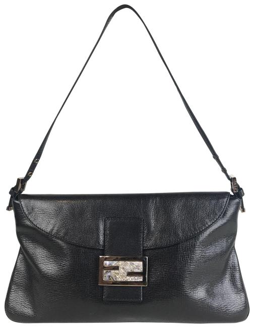 Fendi Double Flap Baguette Black Leather Shoulder Bag 