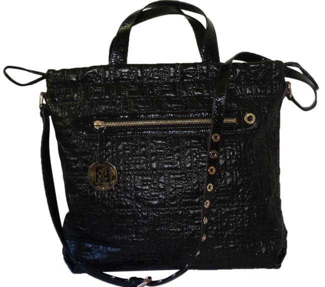 Fendi Drawstring Black Zucca Leather Tote 