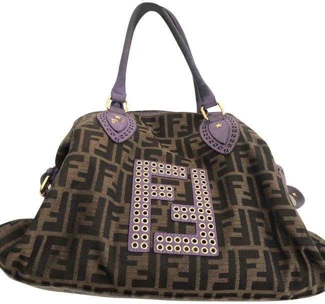 Fendi Du Jour Star Zucca Handbag Brown and Purple Leather Canvas Tote 