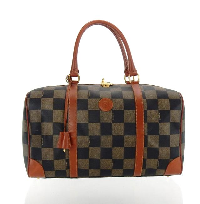 Fendi Duffel Brown Checkered Canvas Leather WeekendTravel Bag 