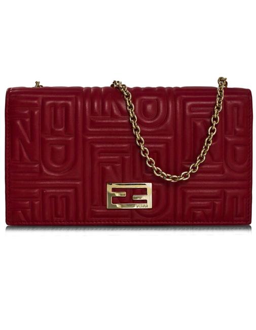 Fendi Embossed Logo Chain Wallet Woc Red Leather Shoulder Bag 