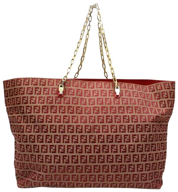 Fendi Extra Large Monogram Ff Zucca Chain Tote 123011 Red Nylon Shoulder Bag 