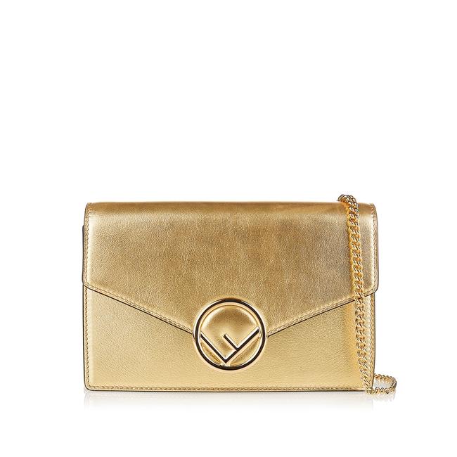 Fendi F Logo Metallic Wallet On A Chain Gold Leather Shoulder Bag 
