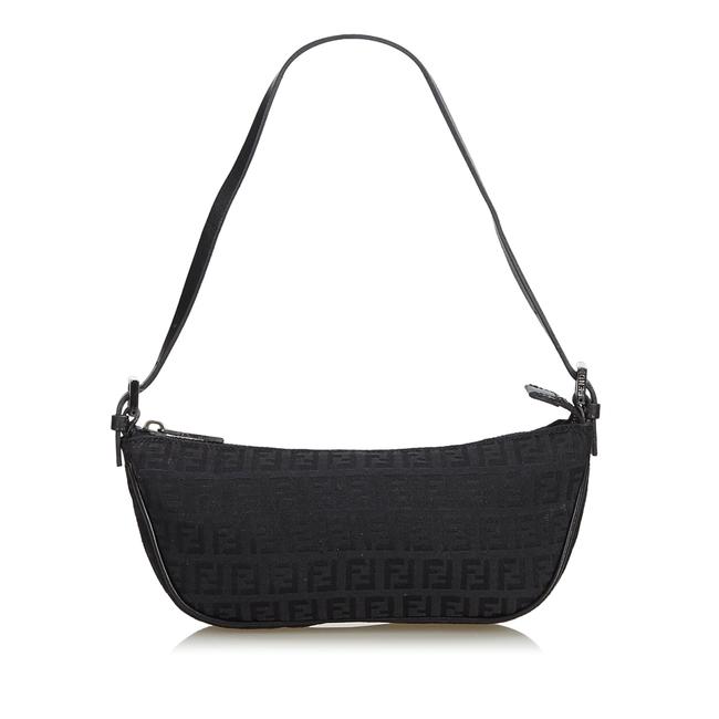 Fendi Fabric Zucchino Italy Black Canvas Leather Baguette 