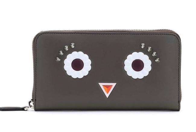 Fendi Face Zip Around Wallet Grey Leather Wristlet 