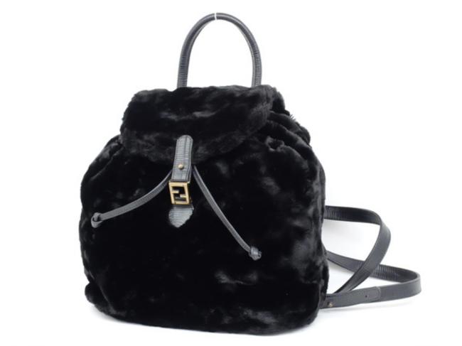 Fendi Ff Logo 233163 Black Faux Fur Backpack 