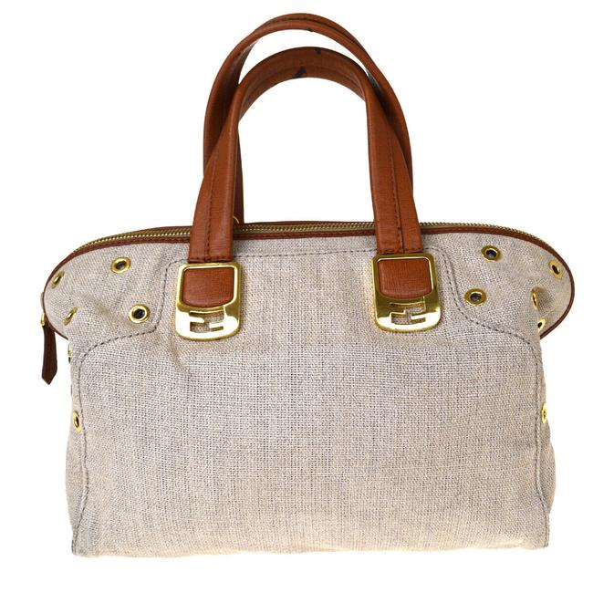 Fendi Ff Logos Hand Gold tone Italy Beige Linen Leather Tote 