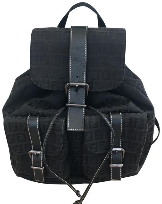 Fendi Ff Monogram Logo Pocket Black Canvas Backpack 