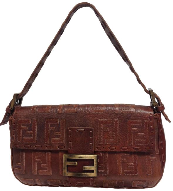Fendi Ff Monogram Overstitched Cognac Leather Baguette 