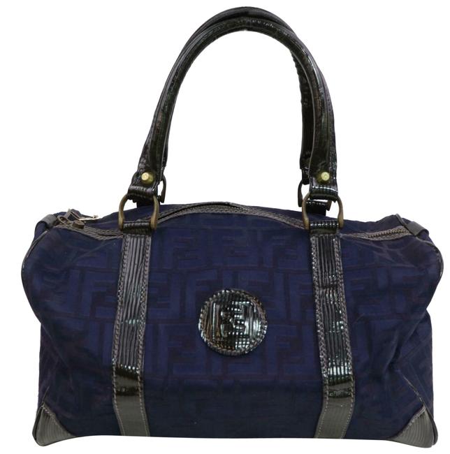 Fendi Ff Monogram Zucca Boston 870712 Navy Blue Canvas Tote 