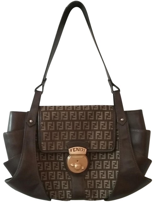 Fendi Front Flap Brown Zucca Canvas Shoulder Bag 