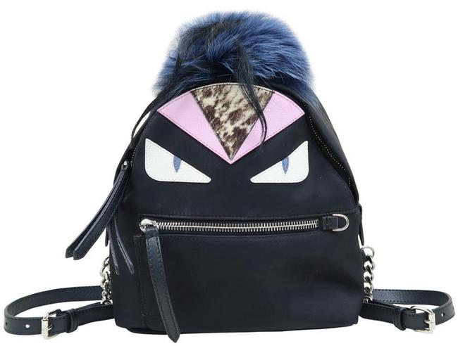 Fendi Fur trimmed Monster Satin Black Nylon Backpack 