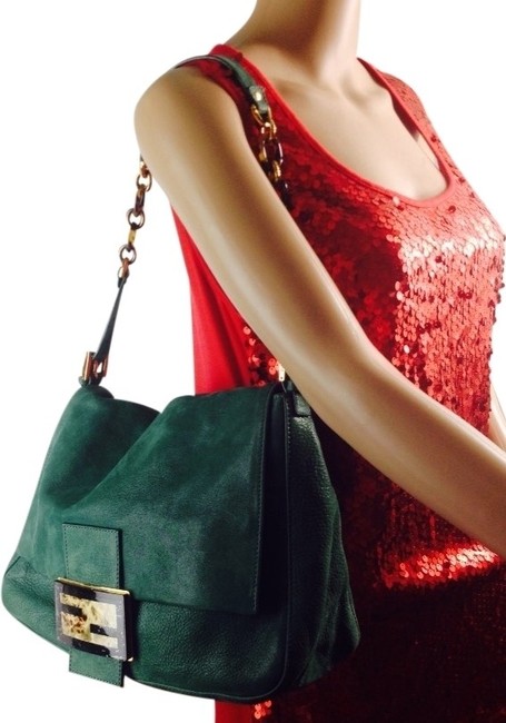 Fendi Green Velvet Leather Shoulder Bag 