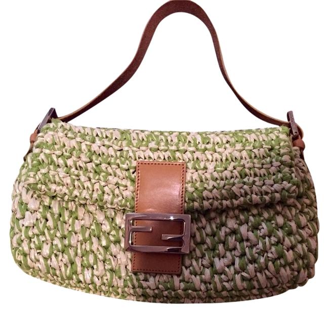 Fendi Green White &amp; Tan Straw Leather Shoulder Bag 