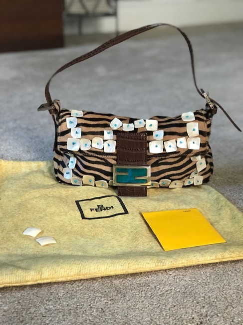 Fendi Hair Beaded Shell Brown Pony Fur Baguette 