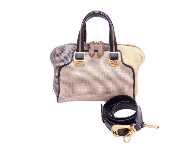 Fendi Handbag Chameleon Ladies E39844 BeigeBlack CanvasLeather Shoulder Bag 