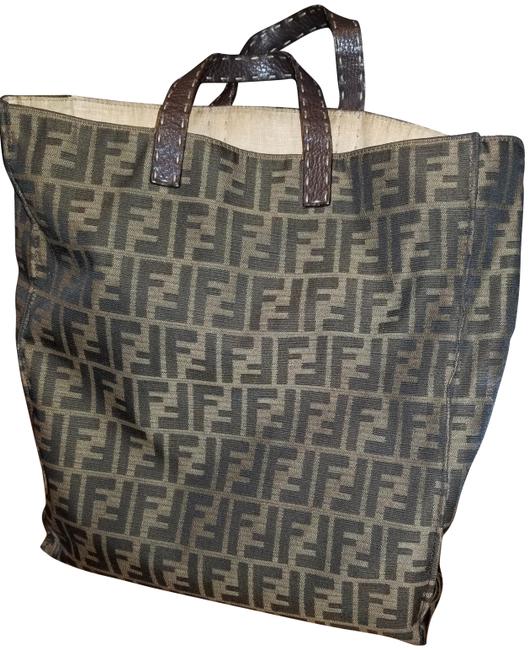 Fendi Handle Brown Jacquard and Leather Tote 