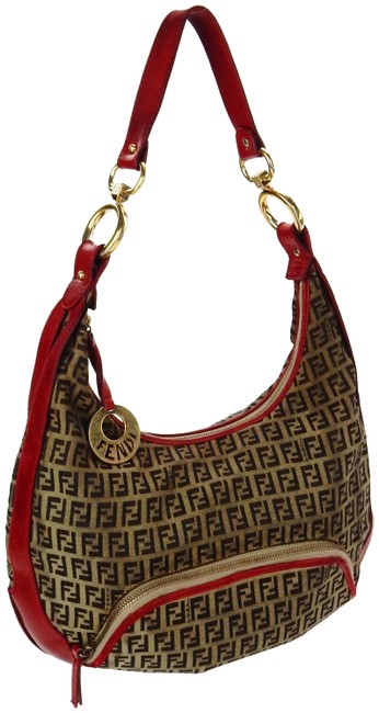 Fendi Hobo Chef BrownRed Trim Zucchino Monogram Canvas Tote 