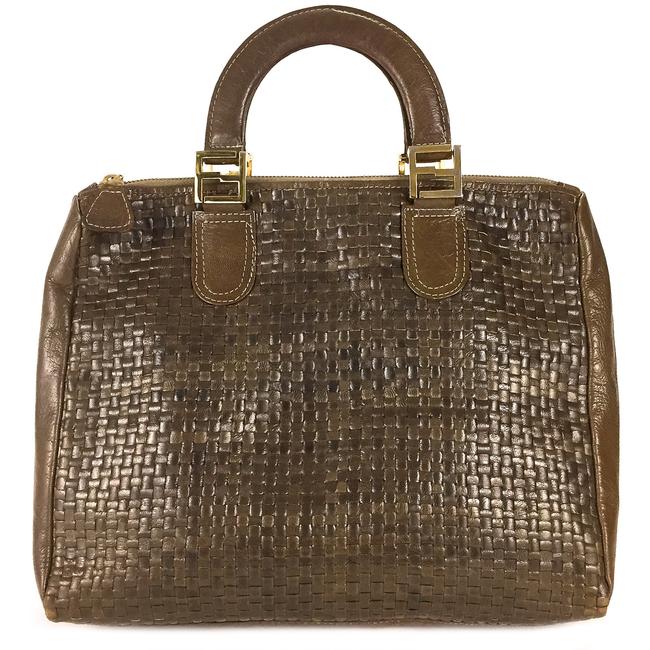 Fendi Italy Vintage Double Briefcase Handle Weaved Brown Leather Tote 