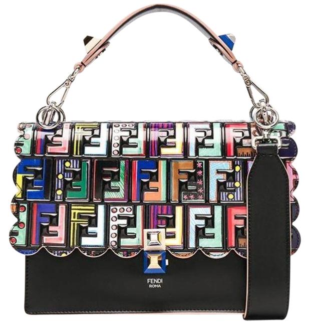 Fendi Kan I Logo Scalloped Medium Black Leather Shoulder Bag 