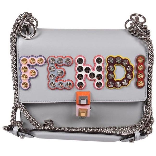Fendi Kan I Small Studded Logo Pearl Gray Leather Tote 