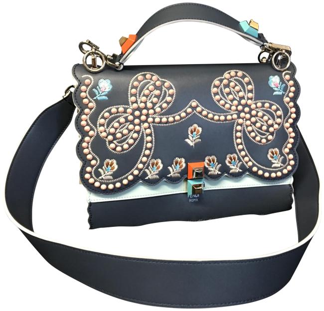Fendi Kan I Studded Bows Scalloped Blue Leather Shoulder Bag 