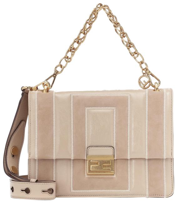 Fendi Kan U Medium Embossed Beige Suede And Lambskin Leather Shoulder Bag 