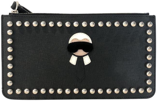 Fendi Karlito Flat Pouch Black Leather Wristlet 