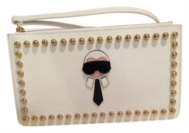 Fendi Karlito Flat Pouch Ivory Leather Wristlet 