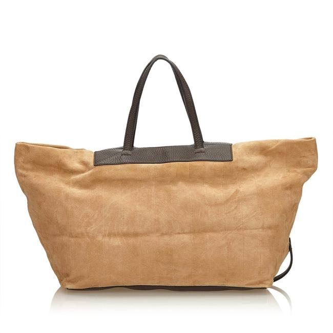 Fendi Large Logo All Over 239767 Beige X Dark Brown Suede Leather Tote 