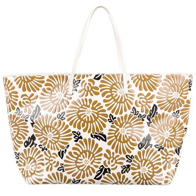 Fendi Large Vintage Floral Embossed Cream Creme Tan Brown White Leather Tote 