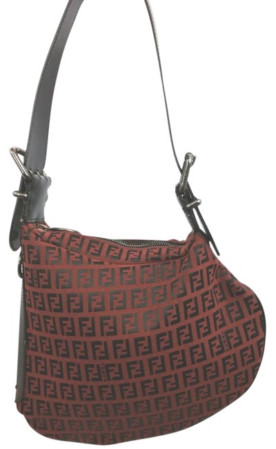 Fendi Leather Trim Red and Black Monogram Canvas Shoulder Bag 