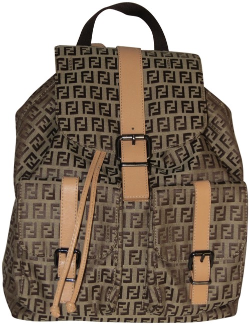Fendi Leather Trimmed Zucchino BeigeBrown Canvas Backpack 