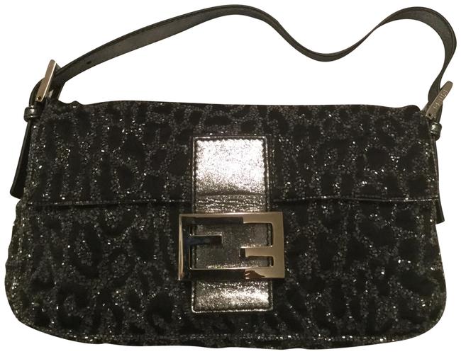 Fendi Leopard Beaded Black Satin Baguette 