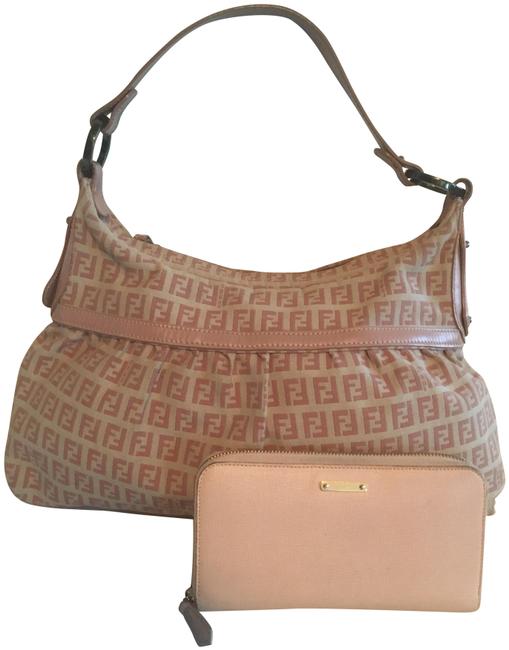 Fendi Lg Chef with Match Wallet Pink Nude Leather and Canvas Baguette 