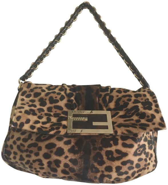 Fendi Lg Leopard Spotted Black and Brown Leather Pony Hair Baguette 