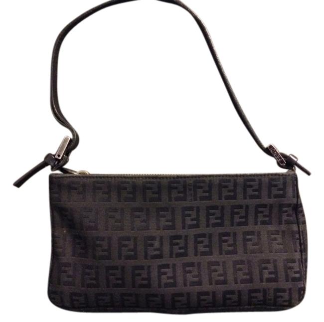 Fendi Logo Baguette Black Cloth Shoulder Bag 