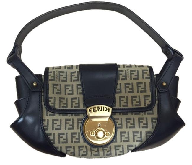 Fendi Logo Black Leather Trim Shoulder Bag 