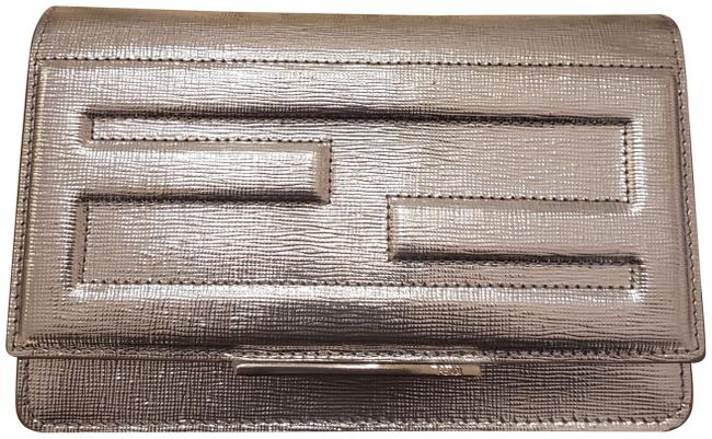 Fendi Crossbody Logo Embossed Silver Leather Baguette 