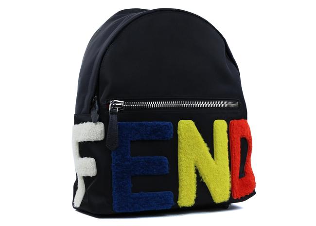 Fendi Logo Patches and Shearling Black Nylon Backpack 