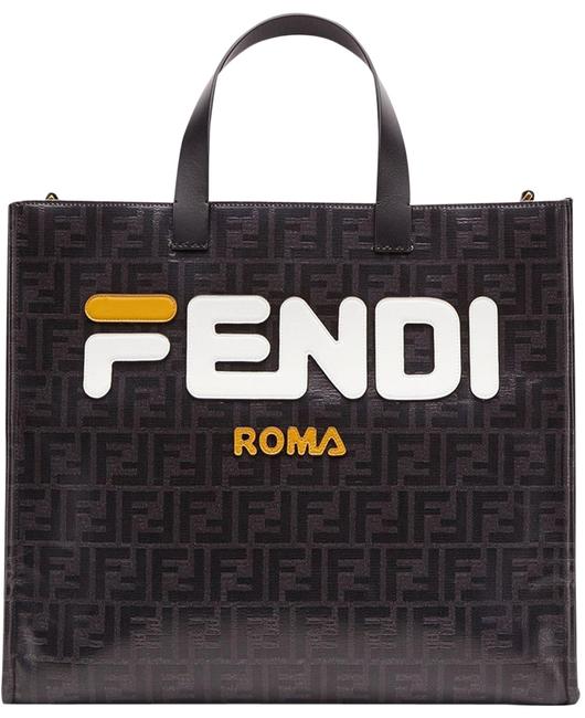 Fendi Logo Print Shopper Glazed Fabric BrownBlack Leather Tote 
