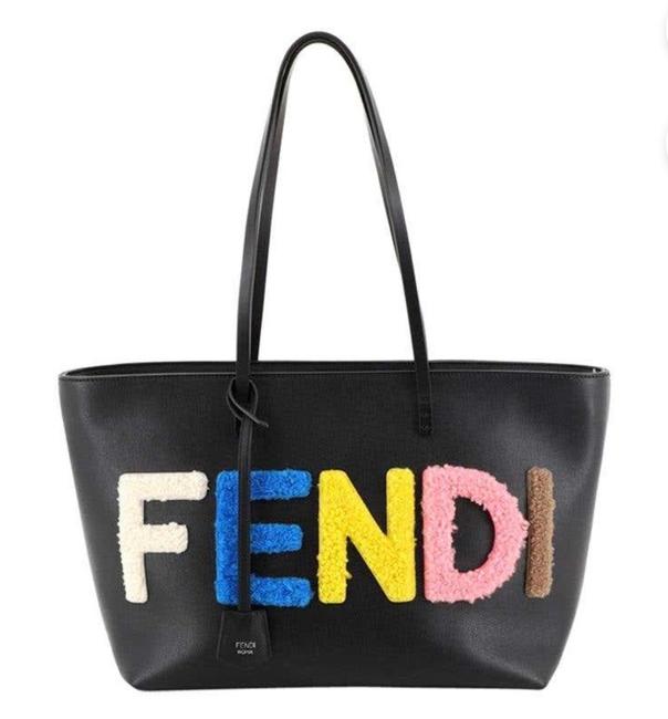 Fendi Logo Roll Shearling Black Leather Tote 