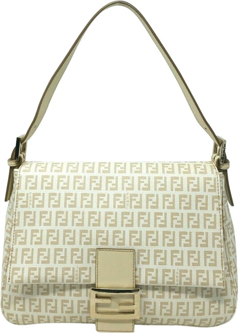Fendi Mamma Forever Zuccino Medium Shoulder Ivory Canvas and Leather Baguette 