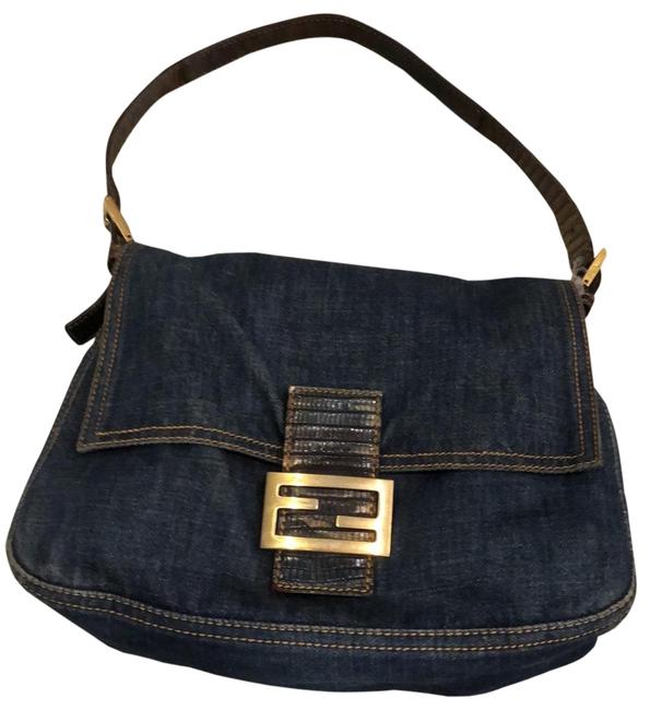Fendi Mamma Vintage Indigo Beige Denim and Leather Baguette 
