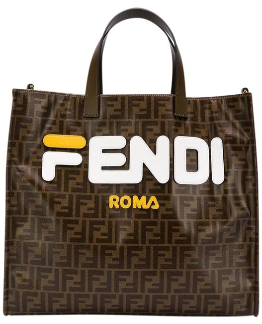 Fendi Bag Mania White Large Logo Print Brown Leather Tote 