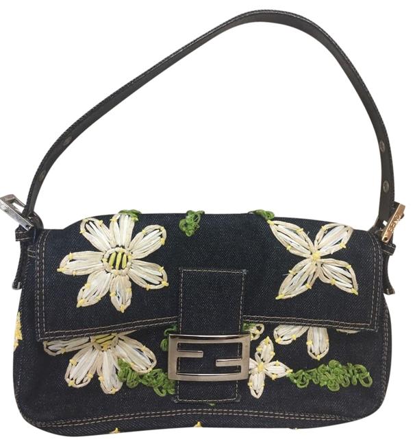 Fendi Manma Blue Denim with Embroidery Flowers Canvas Baguette 