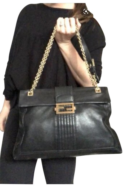 Fendi Maxi Baguette Black Glazed Calfskin Shoulder Bag 
