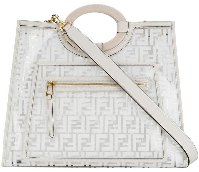 Fendi Medium Runaway Ff Logo Embossed White Leather Trimmed And Pvc Tote 