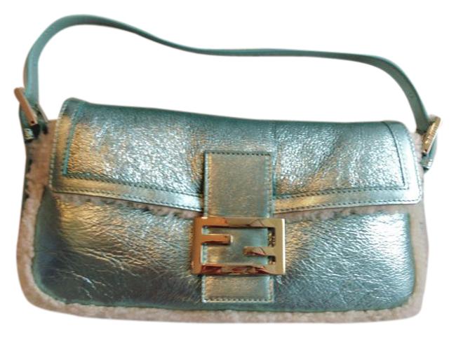 Fendi Metallic Blue Leather and Shearling Baguette 